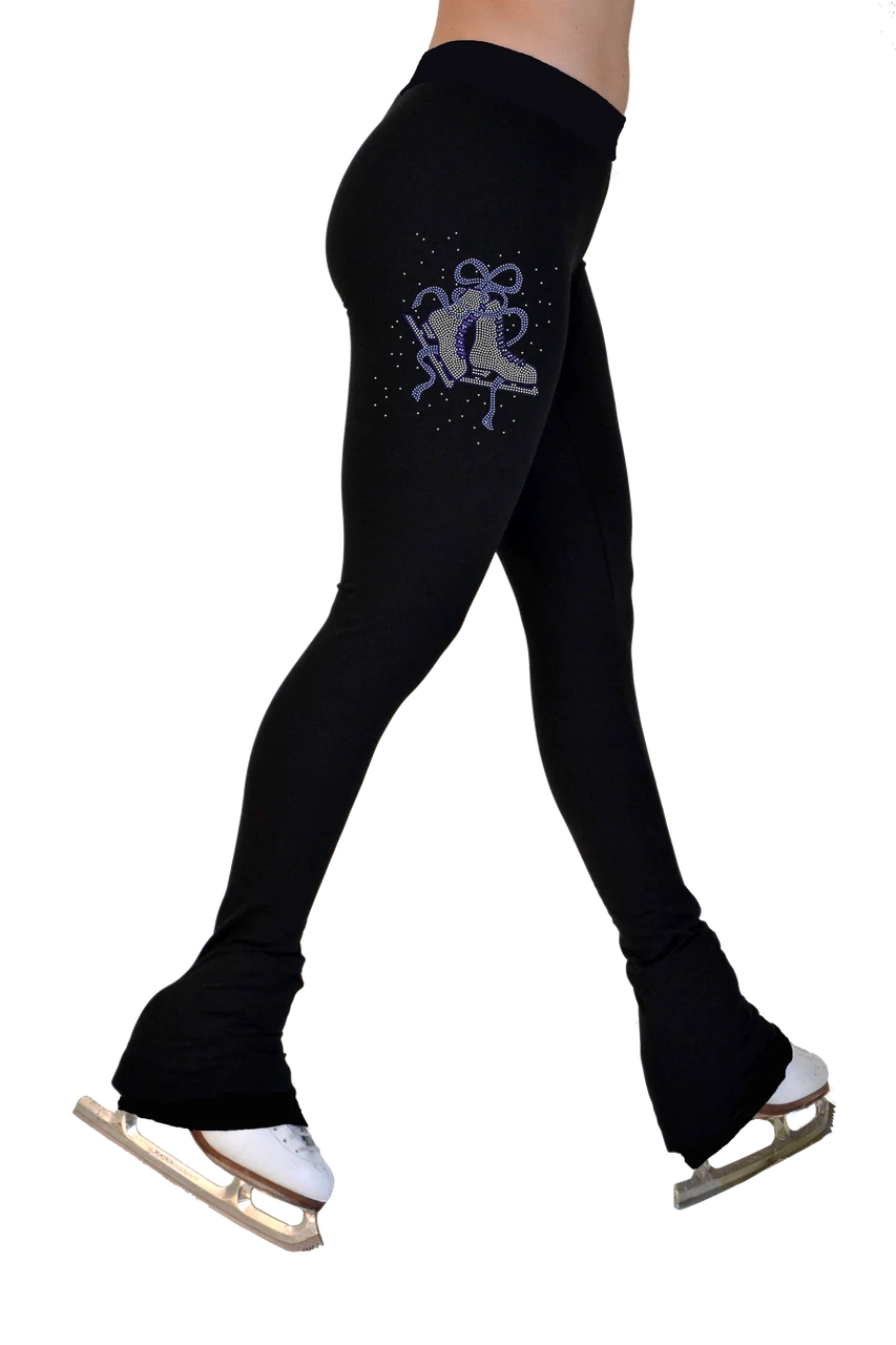 ChloeNoel P622F All Black 3" Waist Band Light Weight Fleece Figure Skating Pants W/ Mini Blue Ribbon Crystals 1 ChloeNoel P622F All Black 3" Waist Band Light Weight Fleece Figure Skating Pants W/ Mini Blue Ribbon Crystals