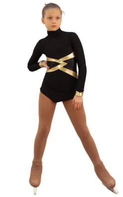 IceDress Figure Skating Dress - Thermal - Jackson 2 (Black With Gold And Black Lycra)