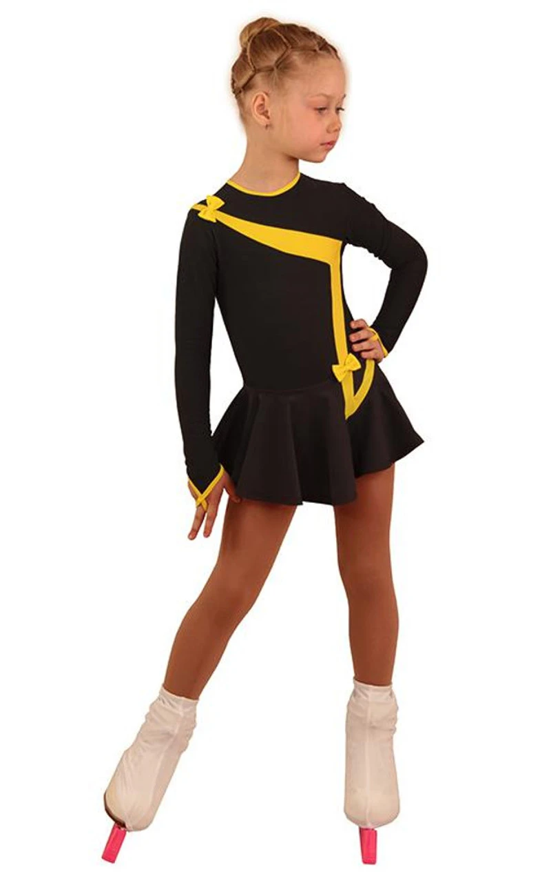 IceDress Figure Skating Dress - Thermal - Bows 2 (Dark Grey With Yellow) 2 IceDress Figure Skating Dress - Thermal - Bows 2 (Dark Grey With Yellow) - Image 2